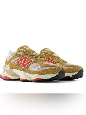 New Balance 9060 Men’s Suede & Mesh Sneakers in Olive, Pink & Red